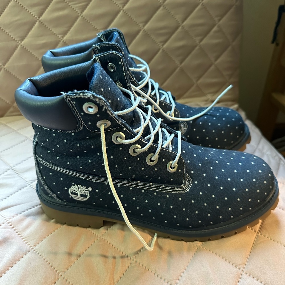 Navy with white poka dots Timberlands